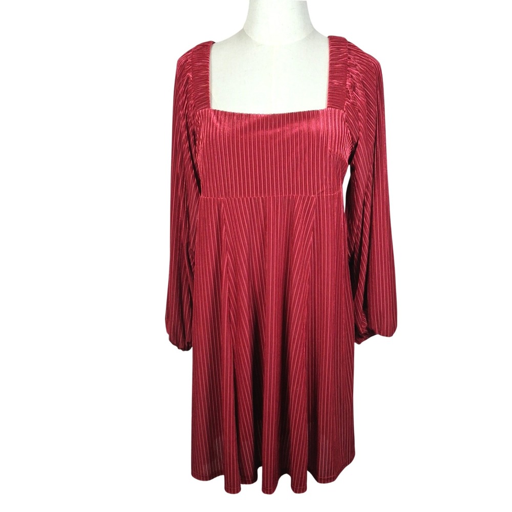 Miduo Women Burgundy Pleated Velvet Square Neck Long Sleeve Mini Dress Large NWT